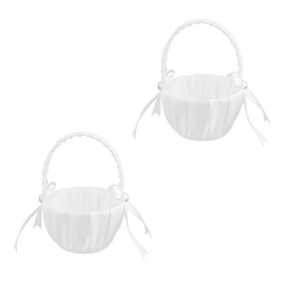 Homoyoyo 2pcs Wedding Flower Girl Baskets Satin Cute Flower Baskets with Handle for Wedding Ceremony Party Decoration White