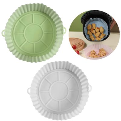 2 Pack Air Fryer Silicone Pot, 7 Inch Reusable Round Liners, Replacement of Parchment Paper, Accessories, Food Safe Baking Pans for Microwave, Oven (White, Green)