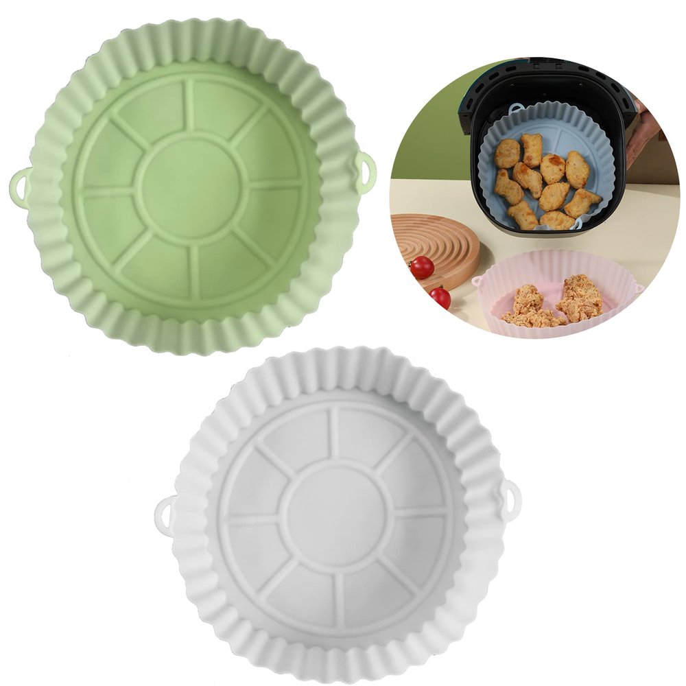 2 Pack Air Fryer Silicone Pot, 7 Inch Reusable Round Liners, Replacement of Parchment Paper, Accessories, Food Safe Baking Pans for Microwave, Oven (White, Green)