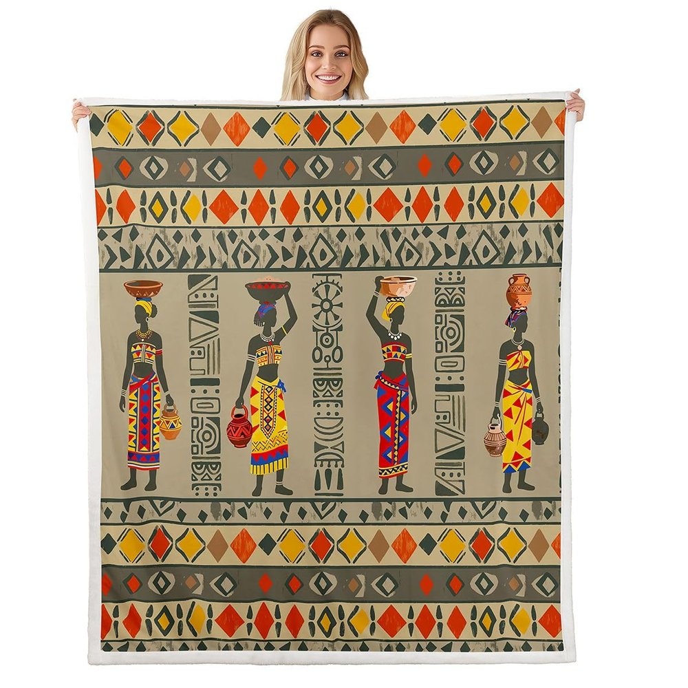 African Woman Themed Plush Throw Blanket - Ethnic Afro Pattern Fleece Sherpa for Kids - Microfiber Traditional Exotic Warm Fuzzy Room Decor - 50"x60"