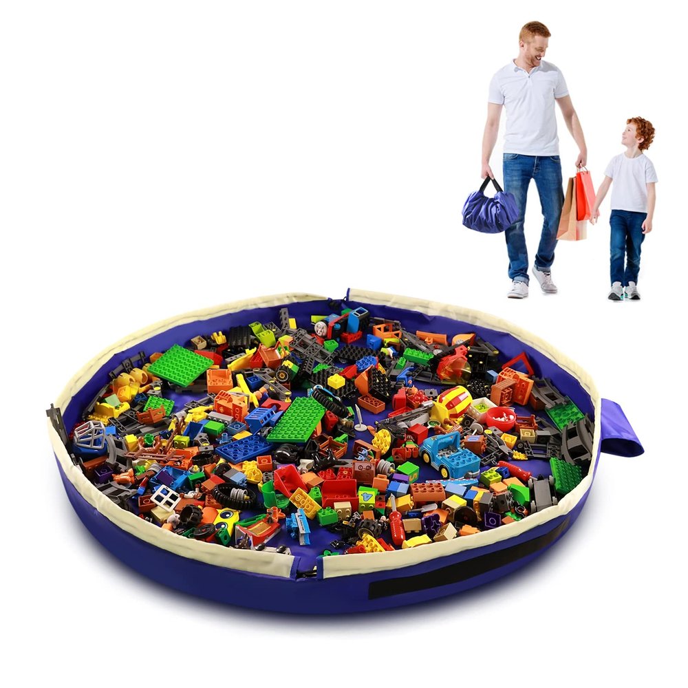 Toy Storage Mat Bag by Drawstring for Lego - Play Mat Bag Toy Storage Container for Kids with Cap can as Gift Blue 47inch 