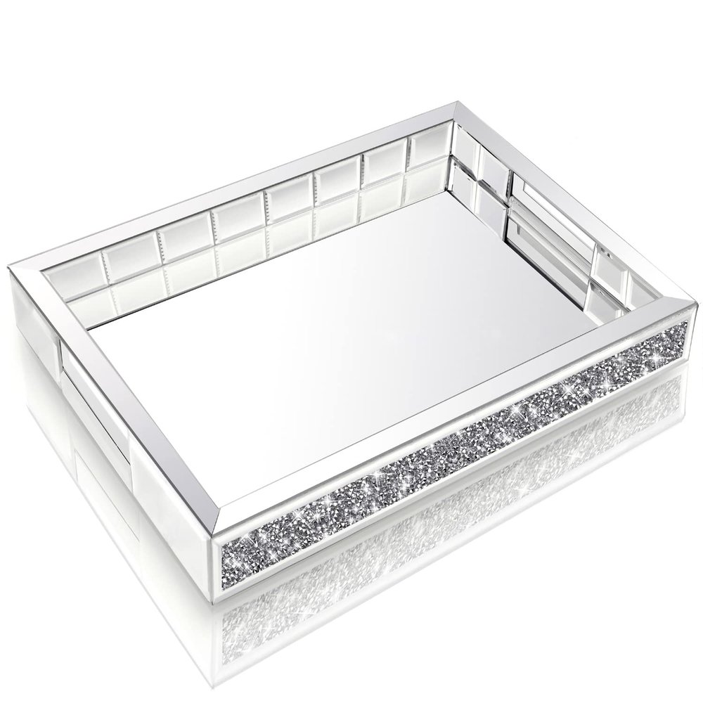 Wocred Mirror Jewelry Organizer fits Dresser Bedroom,Crushed Diamond Bathroom Tray with Handles,Perfume Tray,Decorative Serving Tray for Coffee Table Decor(11x15x2)