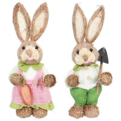 2Pcs Bunny Figurines Props Straw Easter Rabbit Decoration for Garden Indoor Easter Theme Party Supplies Tabletop Ornament, A