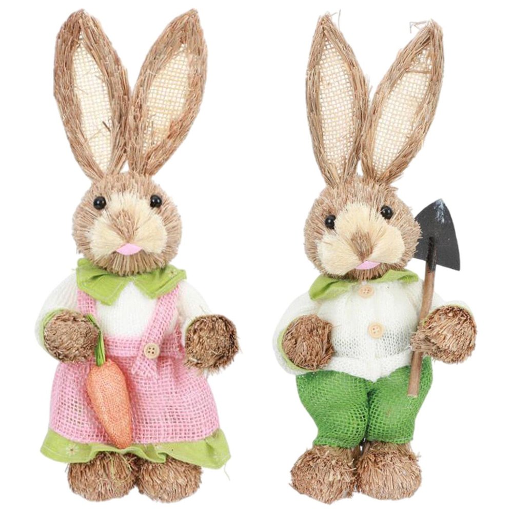 2Pcs Bunny Figurines Props Straw Easter Rabbit Decoration for Garden Indoor Easter Theme Party Supplies Tabletop Ornament, A