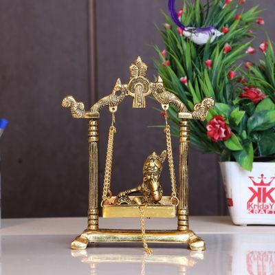 KridayKraft Laddu Gopal on Jhulla Palana Metal Statue Gold Plated Decor Your Home,Office Metal Krishna Murti,Showpiece Figurines,Religious Idol Gift Article.