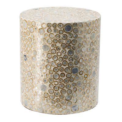 A&B Home Mother of Pearl End Table, Cream Round Capiz Stool, Live Edge Coffee Table, Living Room Plant Stand, 14" x 14" x 16"