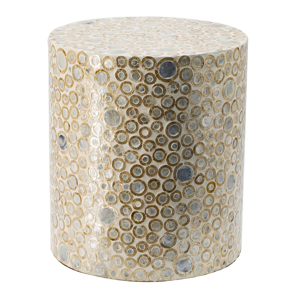 A&B Home Mother of Pearl End Table, Cream Round Capiz Stool, Live Edge Coffee Table, Living Room Plant Stand, 14" x 14" x 16"