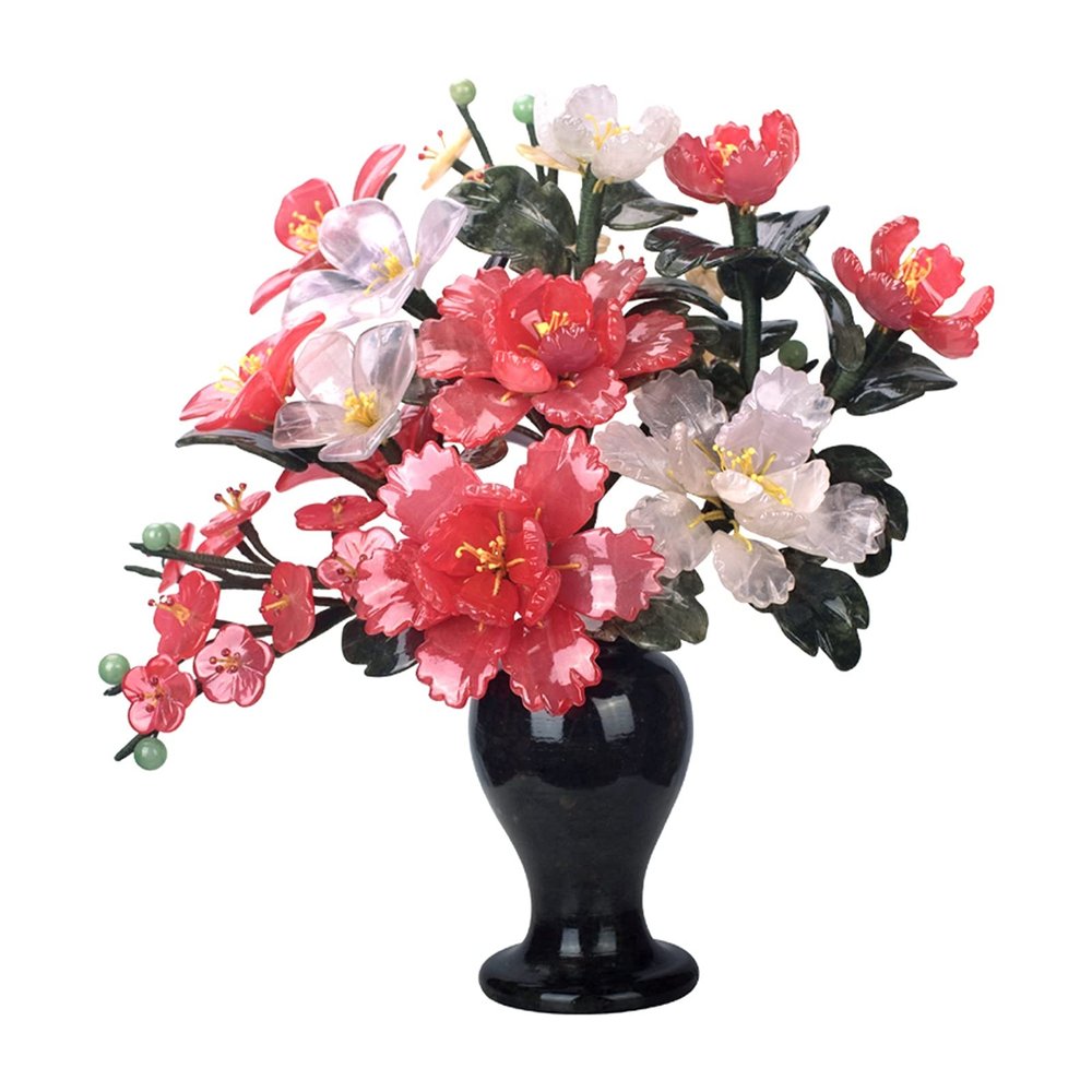 TOMYEUS Artificial Bonsai Tree Artificial Bonsai Jade Peony Flowerpot Ornaments Feng Shui Ornaments for Home Decor Creative Jade Carving Chinese Ornaments Maintenance Free