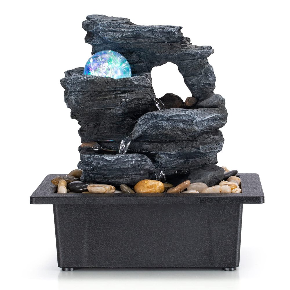 Amootek Tabletop Fountain Rotating Ball Rock Waterfall Fountain Office Includes Many Natural River Rocks Decorated with Colorful Lights, 9.05" L x 6.89" W x 10.23" H
