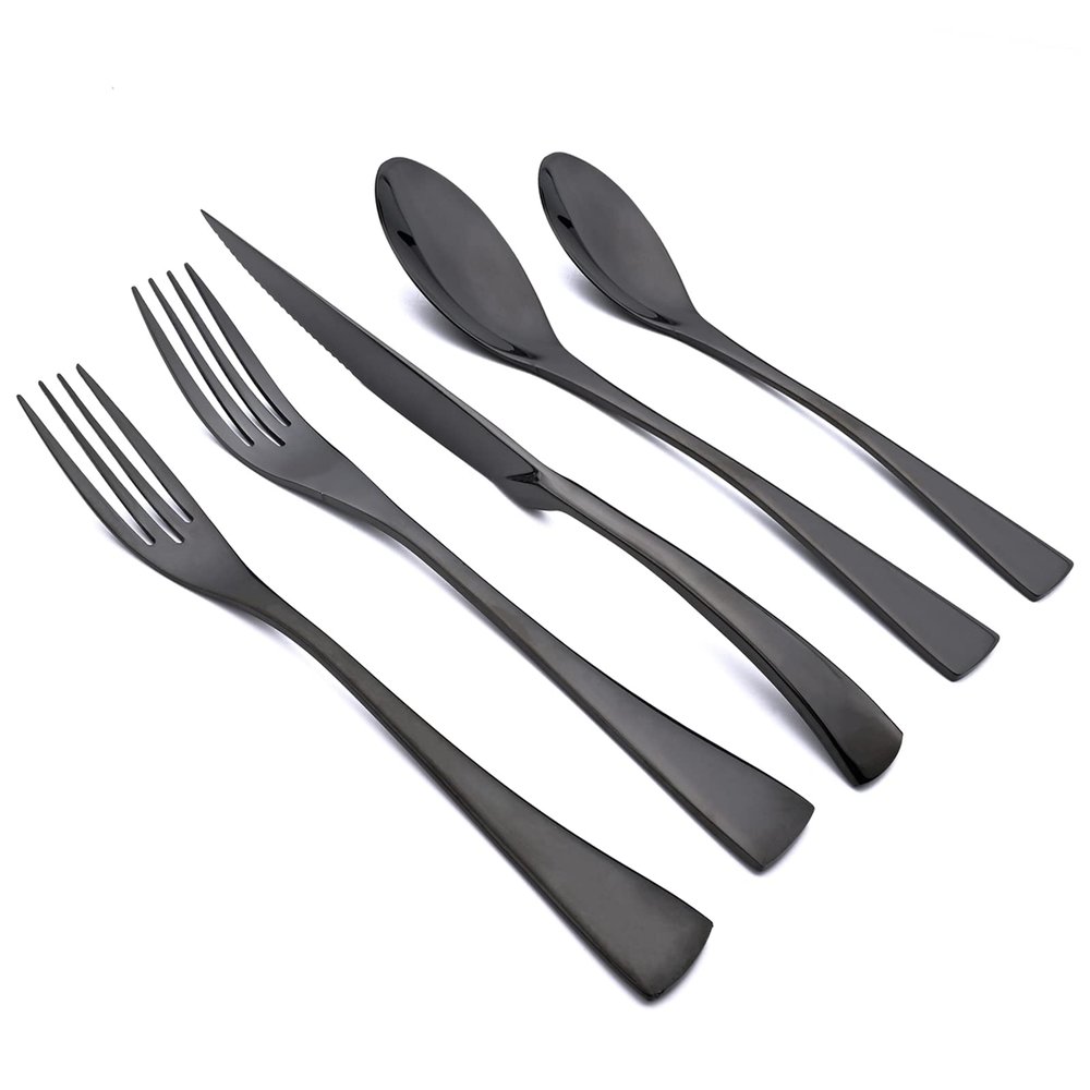 Snplowum 20-Piece Black Serving Flatware Set With Steak Knife, 304 Stainless Steel Cutlery Utensils Service For 4, Modern & Heavy Tableware Wedding Silverware, Dishwasher Safe
