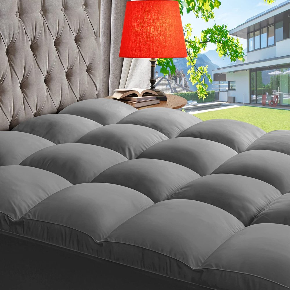 ABENE Mattress Topper for Back Pain Relief, Extra Thick Mattress Pad Pillowtop, Soft Mattress Protector Cover with 8"-21" Deep Pocket, Overfilled Down Alternative Filling (Gray, Short Queen)