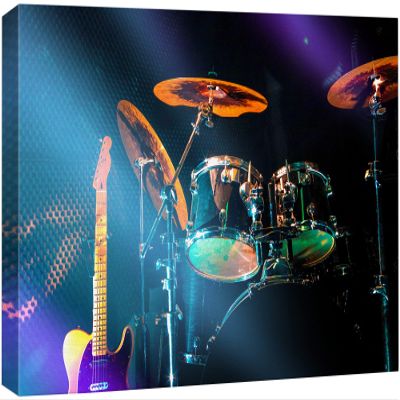 wall26 Canvas Print Wall Art Rainbow Neon Light Drum Set Cymbals Band Music Instruments Photography Realism Decorative Concert Multicolor Scenic Fun Pop Art for Living Room, Bedroom, Office - 12"x18"