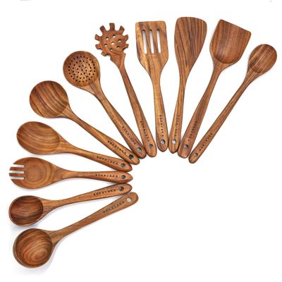 11 Pcs Wooden Kitchen Utensils Set - Wooden Spoons, Spatulas and More for Cooking