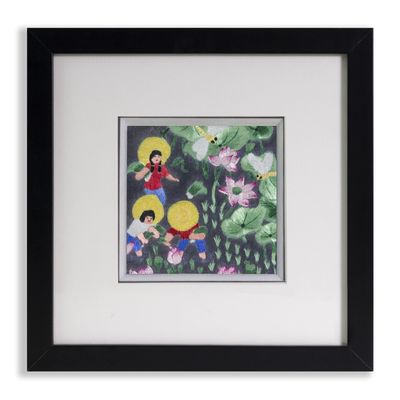 Ebherys Hunan Hand Embroidery Artwork, Handmade Paintings with Wood Frame Hanging on the wall as Room Decoration Home Accessories, Meaningful Gifts for Mother Daughter and Friends (Picking Lotus)