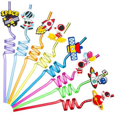 24 Pcs Outer Space Straws Party Favors Reusable Plastic Solar System Rocket Spaceship Astronaut Satellite Planet Straws for Space Theme Birthday Party Supplies Decorations