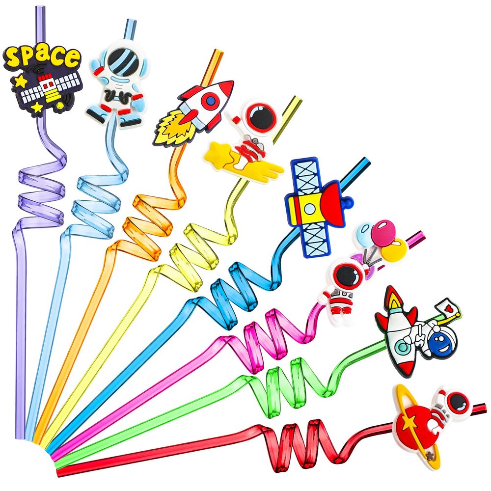 24 Pcs Outer Space Straws Party Favors Reusable Plastic Solar System Rocket Spaceship Astronaut Satellite Planet Straws for Space Theme Birthday Party Supplies Decorations
