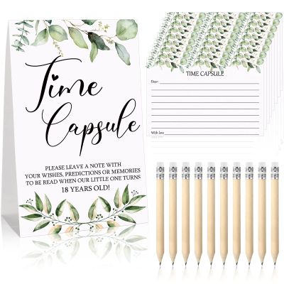 Fumete 61 Pcs Time Capsule First Birthday Greenery Baby Shower Games Time Capsule Sign for 1st Birthday Party Games with 50 Message Cards 10 Pencils for Baby Shower Guests Keepsake Activities