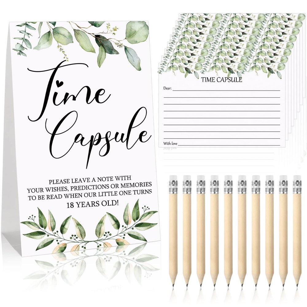 Fumete 61 Pcs Time Capsule First Birthday Greenery Baby Shower Games Time Capsule Sign for 1st Birthday Party Games with 50 Message Cards 10 Pencils for Baby Shower Guests Keepsake Activities
