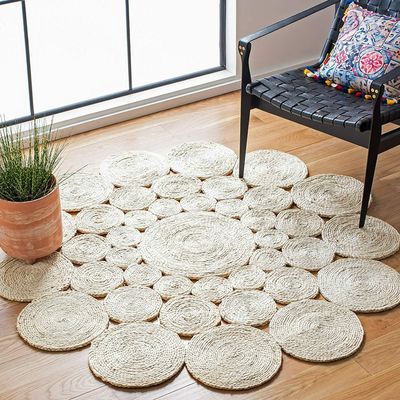 Agro Richer Farmhouse Rugs for Living White Circle Design Jute Area Rug Hand Braided Round Bedroom, Kitchen, Room Carpet (24 x 24 Inch), (GHG-WHT)