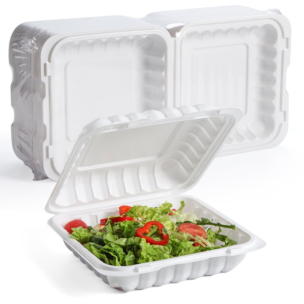 YANGRUI Food Containers 9 Inch 41 oz 100 Pack - Shrink Wrapped Sanitary | Mineral Filled BPA Free PP Plastic | Reusable Heavy Duty Freezer & Microwave Safe | Stackable Design Takeout Container