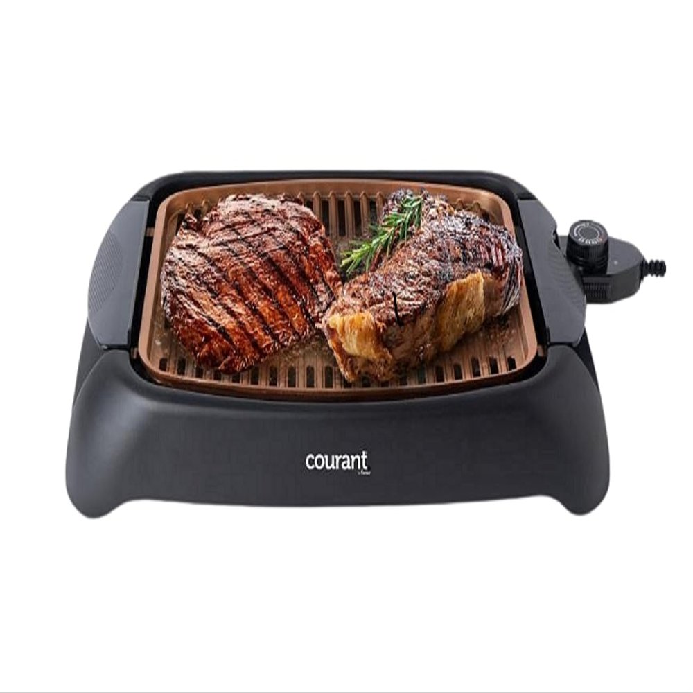 Courant smokeless indoor Electric grill, Copper Non-stick Coating Extra Large and Adjustable Temperature Control, Grill BBQ, Table Top Indoor Grill
