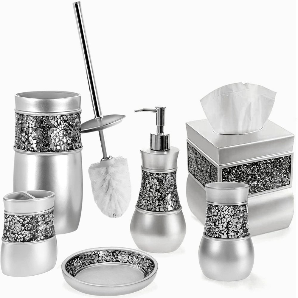 Crackled Glass Silver Bathroom Accessories Set - 6 Piece Bathroom Set Includes: Toilet Brush and Holder Set, Tissue Box Cover, Toothbrush Holder, Soap Dispenser, Soap Dish & Tumbler