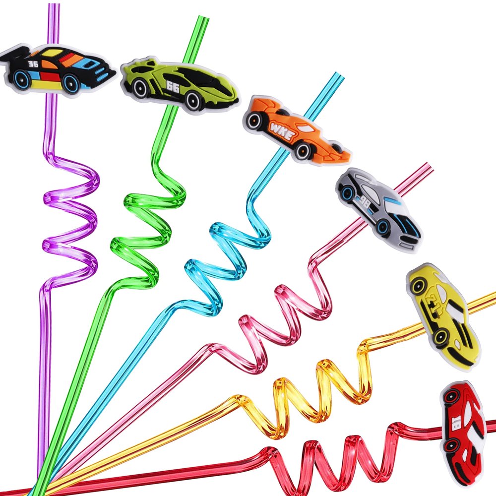 24 Race Car Birthday Party Supplies for Boys, Race Car Party Favors for Hot Wheels Party, Race Car Drinking Straws for Two Fast Birthday Decorations, Straws With 2 Pcs Cleaning Brushes