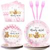96 Pieces Bear Baby Shower Decorations Balloon Stars Tableware Set Pink We Can Bearly Wait Baby Dessert Plates Bear Flower Party Napkins Forks for Girl 24 Guests Gender Reveal Party Supplies Favor view 1