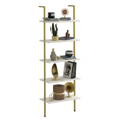 aboxoo Ladder Shelf White Marble Bookshelf 5-Tier Wall-Mounted Wood Rack Industrial Modern Plant Flower Stand Utility Organizer Open Bookcase Metal Frame Furniture Office Kitchen Bedroom
