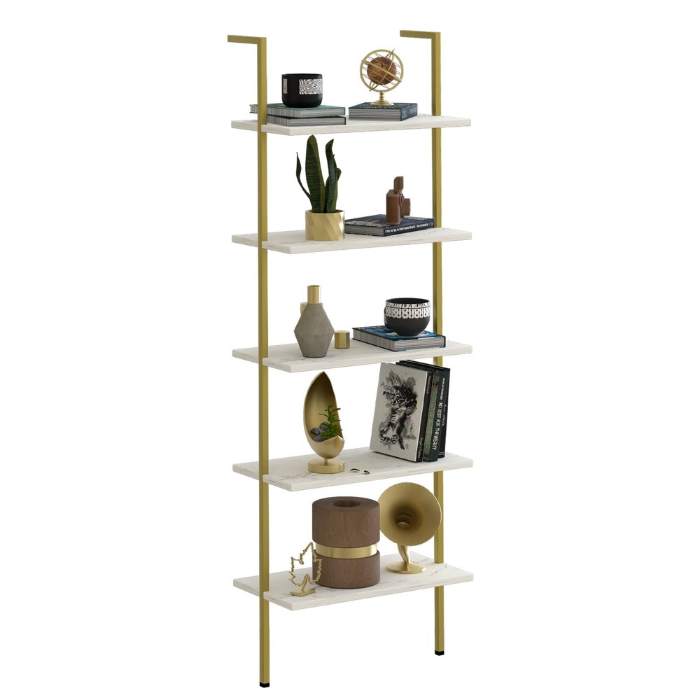 aboxoo Ladder Shelf White Marble Bookshelf 5-Tier Wall-Mounted Wood Rack Industrial Modern Plant Flower Stand Utility Organizer Open Bookcase Metal Frame Furniture Office Kitchen Bedroom