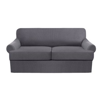 3 Piece T Cushion Sofa Slipcovers Thick Couch Cover Furniture Protector Stretch T Cushion Sofa Covers for 2 Cushion Couch with 2 Individual T Cushion Covers Washable (Grey, Loveseat)