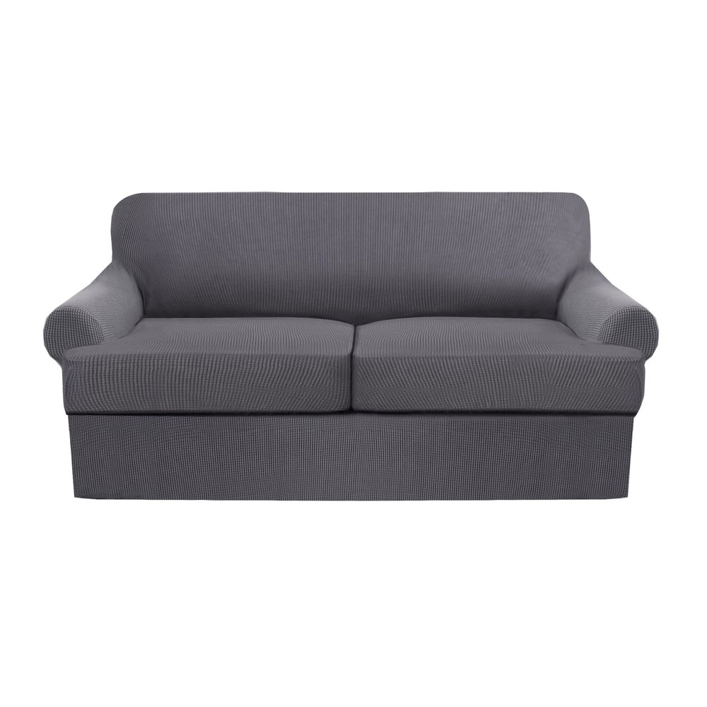 3 Piece T Cushion Sofa Slipcovers Thick Couch Cover Furniture Protector Stretch T Cushion Sofa Covers for 2 Cushion Couch with 2 Individual T Cushion Covers Washable (Grey, Loveseat)