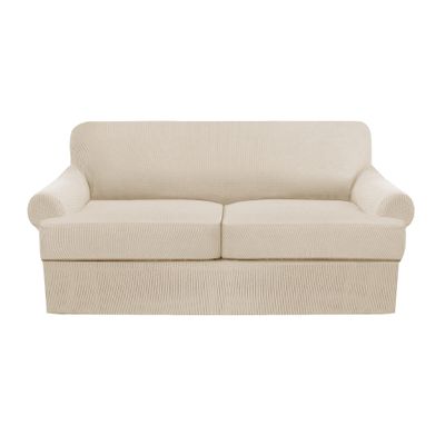 3 Piece T Cushion Sofa Slipcovers Thick Couch Cover Furniture Protector Stretch T Cushion Sofa Covers for 2 Cushion Couch with 2 Individual T Cushion Covers Washable (Nature, Loveseat)
