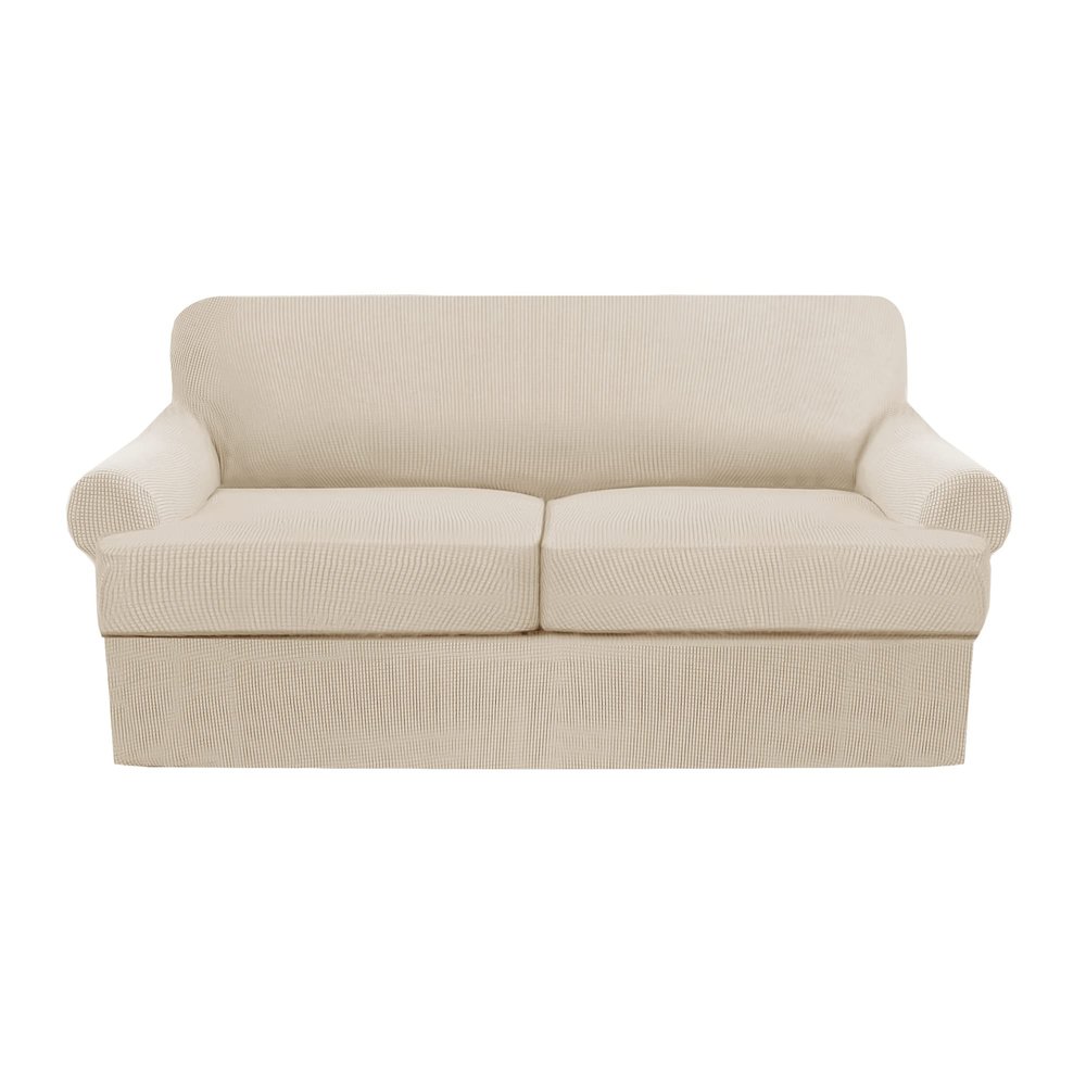 3 Piece T Cushion Sofa Slipcovers Thick Couch Cover Furniture Protector Stretch T Cushion Sofa Covers for 2 Cushion Couch with 2 Individual T Cushion Covers Washable (Nature, Loveseat)