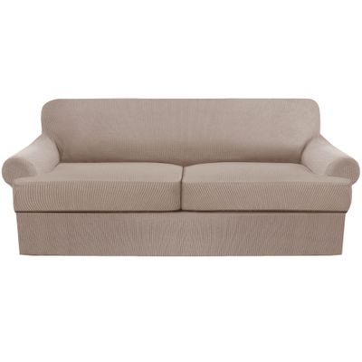 3 Piece T Cushion Sofa Slipcovers Thick Couch Cover Furniture Protector Stretch T Cushion Sofa Covers for 2 Cushion Couch with 2 Individual T Cushion Covers Washable (Khaki, Loveseat X-Large) (LJX)