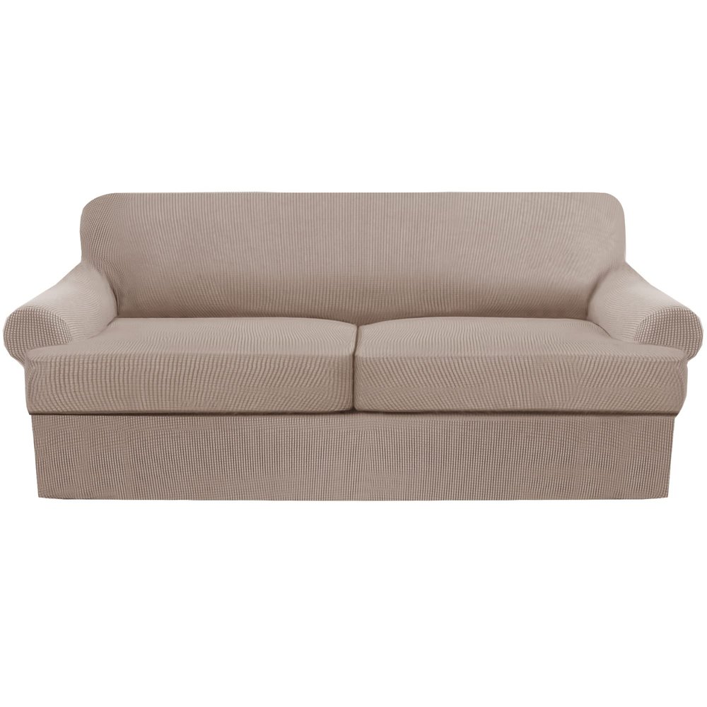 3 Piece T Cushion Sofa Slipcovers Thick Couch Cover Furniture Protector Stretch T Cushion Sofa Covers for 2 Cushion Couch with 2 Individual T Cushion Covers Washable (Khaki, Loveseat X-Large) (LJX)