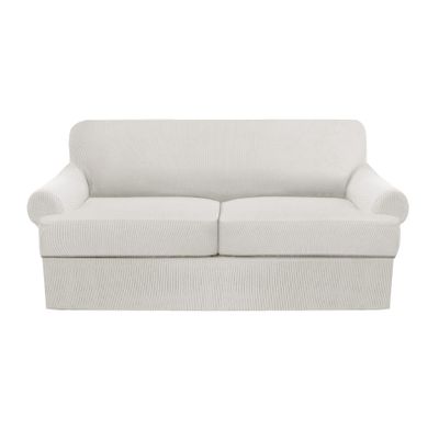 3 Piece T Cushion Sofa Slipcovers Thick Couch Cover Furniture Protector Stretch T Cushion Sofa Covers for 2 Cushion Couch with 2 Individual T Cushion Covers Washable (White, Loveseat) (LJX)