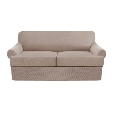 4 Piece T Cushion Sofa Slipcovers Thick Couch Cover Furniture Protector Stretch T Cushion Sofa Covers for 3 Cushion Couch with 3 Individual T Cushion Covers Washable (Khaki, Loveseat) (LJX)