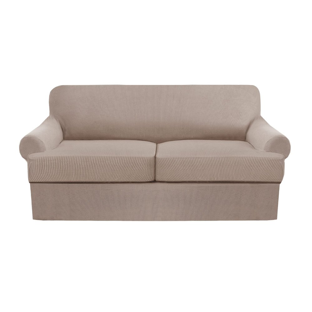 4 Piece T Cushion Sofa Slipcovers Thick Couch Cover Furniture Protector Stretch T Cushion Sofa Covers for 3 Cushion Couch with 3 Individual T Cushion Covers Washable (Khaki, Loveseat) (LJX)