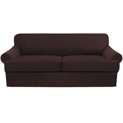 3 Piece T Cushion Sofa Slipcovers Thick Couch Cover Furniture Protector Stretch T Cushion Sofa Covers for 2 Cushion Couch with 2 Individual T Cushion Covers Washable (Brown, Loveseat X-Large)
