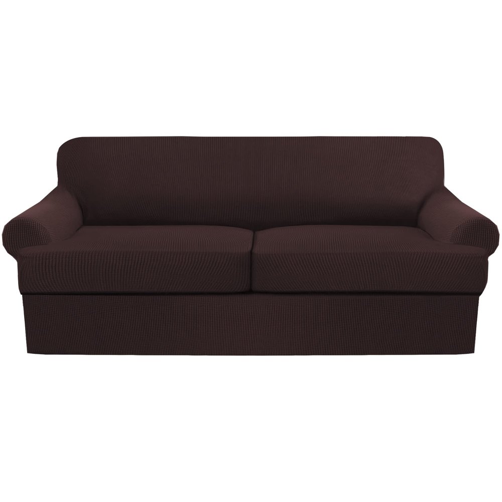 3 Piece T Cushion Sofa Slipcovers Thick Couch Cover Furniture Protector Stretch T Cushion Sofa Covers for 2 Cushion Couch with 2 Individual T Cushion Covers Washable (Brown, Loveseat X-Large)