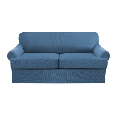 3 Piece T Cushion Sofa Slipcovers Thick Couch Cover Furniture Protector Stretch T Cushion Sofa Covers for 2 Cushion Couch with 2 Individual T Cushion Covers Washable (Blue, Loveseat X-Large)