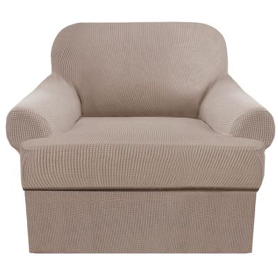 2 Piece T Cushion Sofa Slipcovers Thick Couch Cover Furniture Protector Stretch T Cushion Sofa Covers for 1 Cushion Couch with 1 Individual T Cushion Covers Washable (Khaki, Chair)