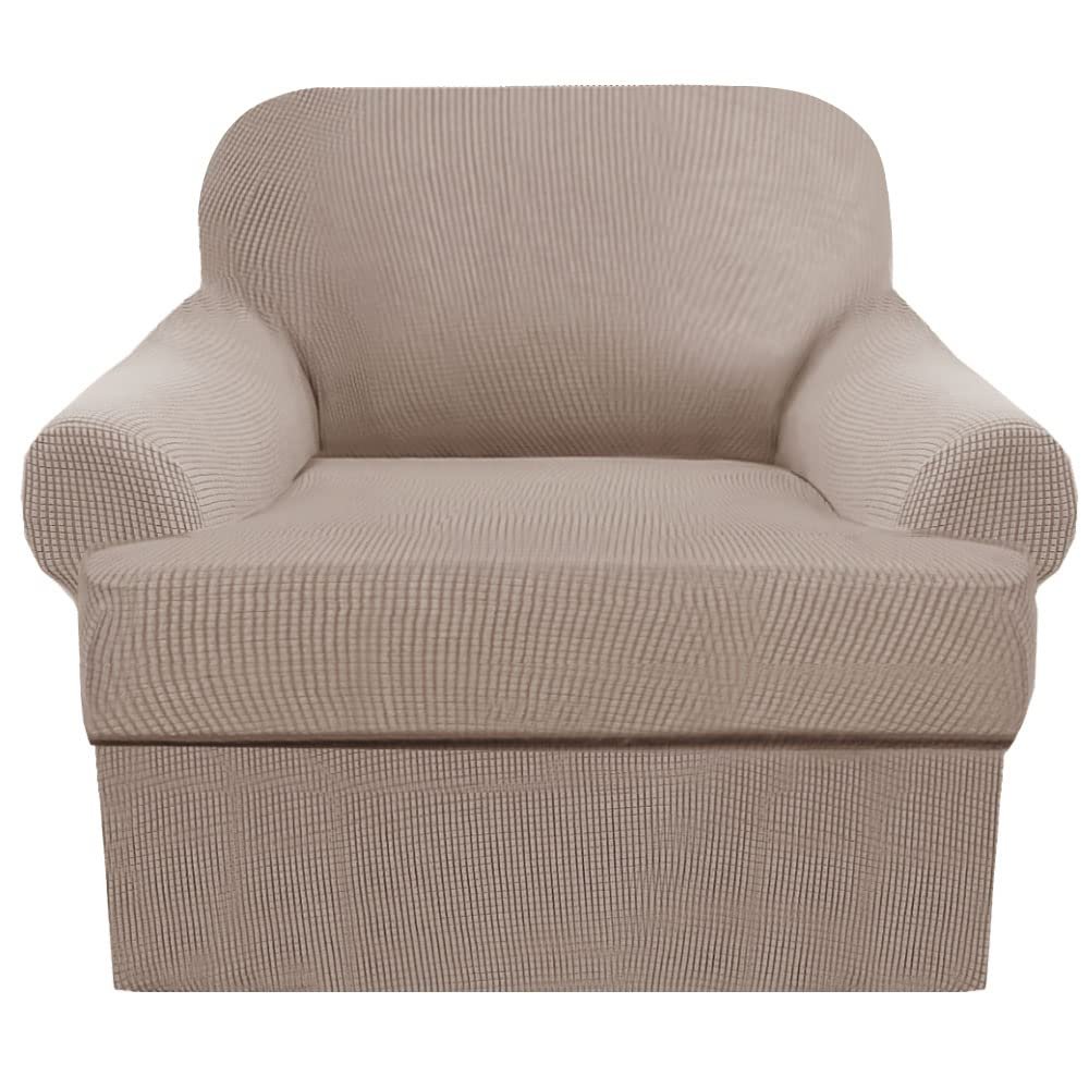 2 Piece T Cushion Sofa Slipcovers Thick Couch Cover Furniture Protector Stretch T Cushion Sofa Covers for 1 Cushion Couch with 1 Individual T Cushion Covers Washable (Khaki, Chair)