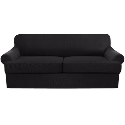 3 Piece T Cushion Sofa Slipcovers Thick Couch Cover Furniture Protector Stretch T Cushion Sofa Covers for 2 Cushion Couch with 2 Individual T Cushion Covers Washable (Black, Loveseat X-Large)