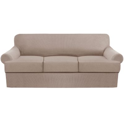 4 Piece T Cushion Sofa Slipcovers Thick Couch Cover Furniture Protector Stretch T Cushion Sofa Covers for 3 Cushion Couch with 3 Individual T Cushion Covers Washable (Khaki, Sofa), (LJX)