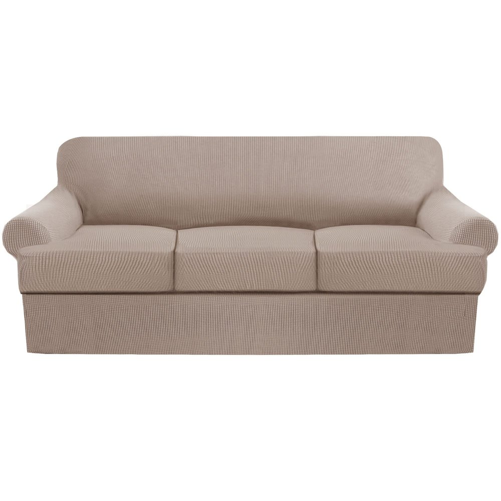 4 Piece T Cushion Sofa Slipcovers Thick Couch Cover Furniture Protector Stretch T Cushion Sofa Covers for 3 Cushion Couch with 3 Individual T Cushion Covers Washable (Khaki, Sofa), (LJX)
