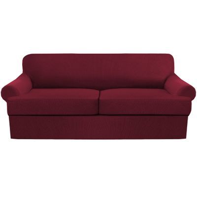 3 Piece T Cushion Sofa Slipcovers Thick Couch Cover Furniture Protector Stretch T Cushion Sofa Covers for 2 Cushion Couch with 2 Individual T Cushion Covers Washable (Burgundy, Loveseat X-Large)