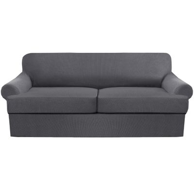 3 Piece T Cushion Sofa Slipcovers Thick Couch Cover Furniture Protector Stretch T Cushion Sofa Covers for 2 Cushion Couch with 2 Individual T Cushion Covers Washable (Grey, Loveseat X-Large) (LJX)