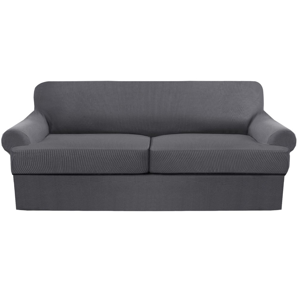 3 Piece T Cushion Sofa Slipcovers Thick Couch Cover Furniture Protector Stretch T Cushion Sofa Covers for 2 Cushion Couch with 2 Individual T Cushion Covers Washable (Grey, Loveseat X-Large) (LJX)
